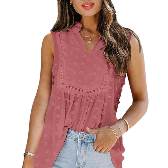 Olivia Mark Tops - Olivia Mark Swiss Dot Split Neck Babydoll Tank